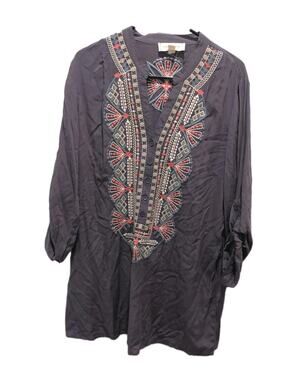 Luna Moon Shirt Gray Boho Embroidered Tunic Top Women's Size Large Artsy Blouse